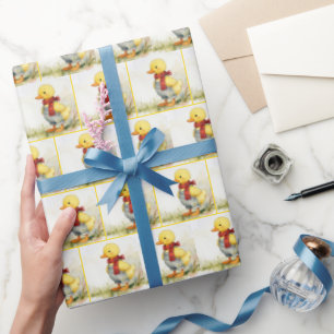Watercolor eendje met denim overall cadeaupapier