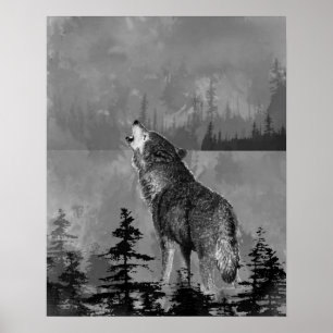 Watercolor Eenzame Huilende Wolf Dieren Kunst Poster