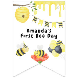 Watercolor eerste Bee Day verjaardagsfeestje Vlaggetjes