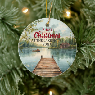 Watercolor Eerste Kerstmis bij het Meerhuis Keramisch Ornament