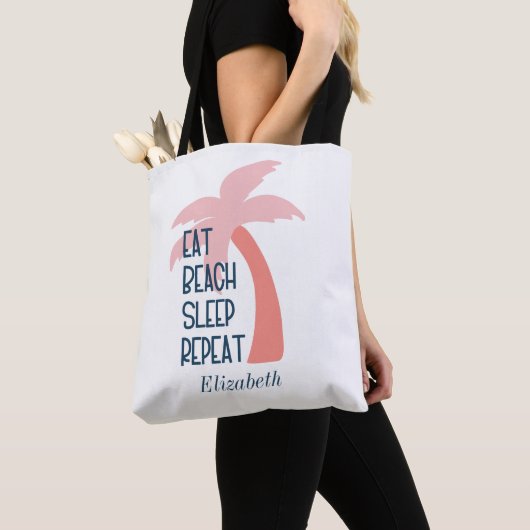 Watercolor Eet Strand Slaap Herhaal Palmboom Boods Tote Bag (Dichtbij)