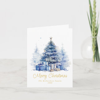 Watercolor Elegant Blue Christmas Tree Feestdagen Kaart