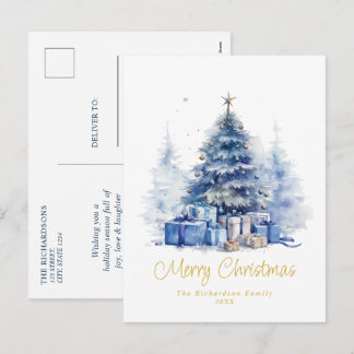 Watercolor Elegant Blue Christmas Tree Feestdagenkaart
