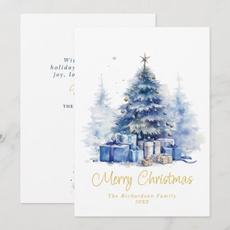 Watercolor Elegant Blue Christmas Tree Feestdagenkaart