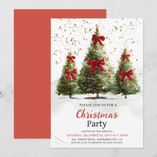 Watercolor Elegant Christmas Tree Christmas Party Kaart (Voorkant / Achterkant)