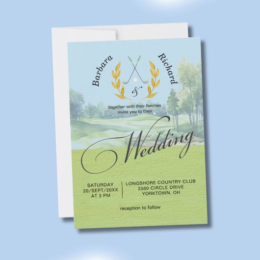 Watercolor Elegant Golf Wedding w/Details  Kaart