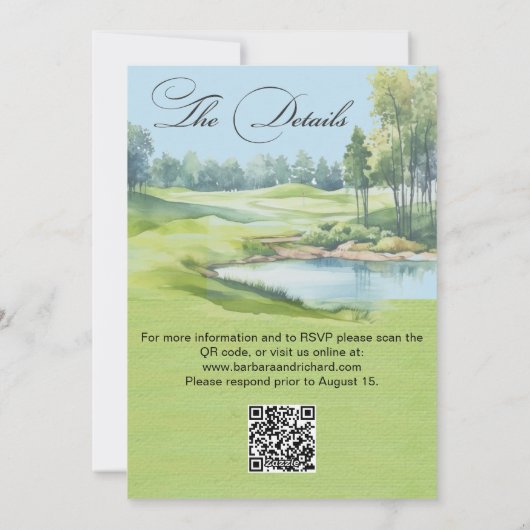 Watercolor Elegant Golf Wedding w/Details  Kaart (Achterkant)