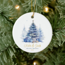 Watercolor Elegant Our First Christmas Blue Tree