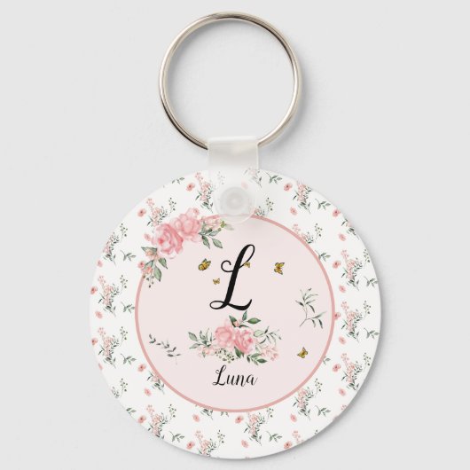Watercolor Elegante Roze Rozen met Vlinders Sleutelhanger (Voorkant)