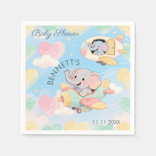 Watercolor Elephant Airplane Baby Shower Napkin Servet (Voorkant)