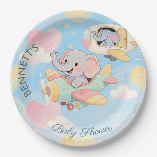 Watercolor Elephant Airplane Baby Shower Plate Papieren Bordje (Voorkant)