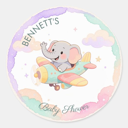 Watercolor Elephant Airplane Baby Shower  Ronde Sticker (Voorkant)