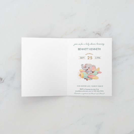 Watercolor Elephant Airplane Boy Invitation (Binnen)