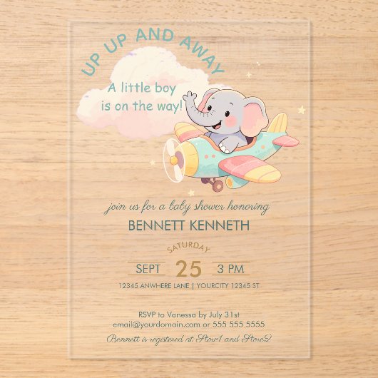 Watercolor Elephant Airplane Boy Invitation Acryl Uitnodigingen (Voorkant)