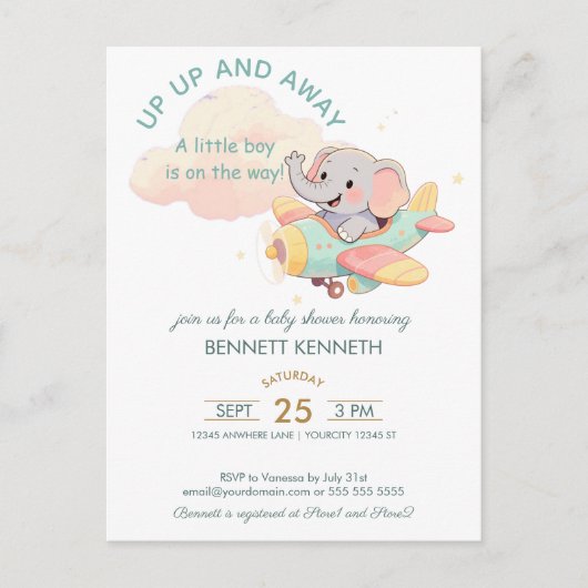 Watercolor Elephant Airplane Boy Invitation Briefkaart (Voorkant)