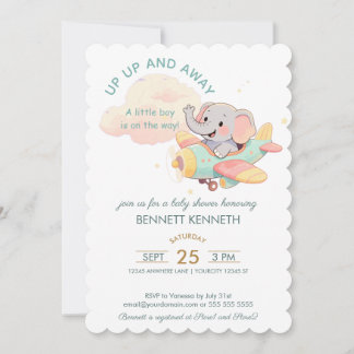 Watercolor Elephant Airplane Boy Invitation Kaart
