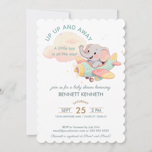 Watercolor Elephant Airplane Boy Invitation Kaart (Voorkant)