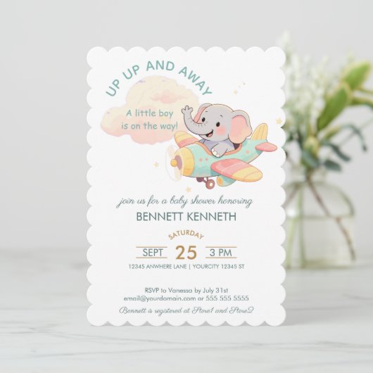 Watercolor Elephant Airplane Boy Invitation Kaart (Staand voorkant)