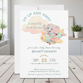 Watercolor Elephant Airplane Boy Invitation Kaart