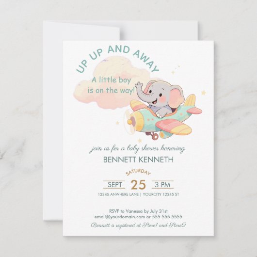 Watercolor Elephant Airplane Boy Invitation RSVP Kaartje (Voorkant)