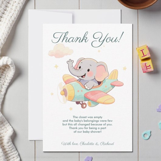 Watercolor Elephant Airplane Thank You Card Bedankkaart