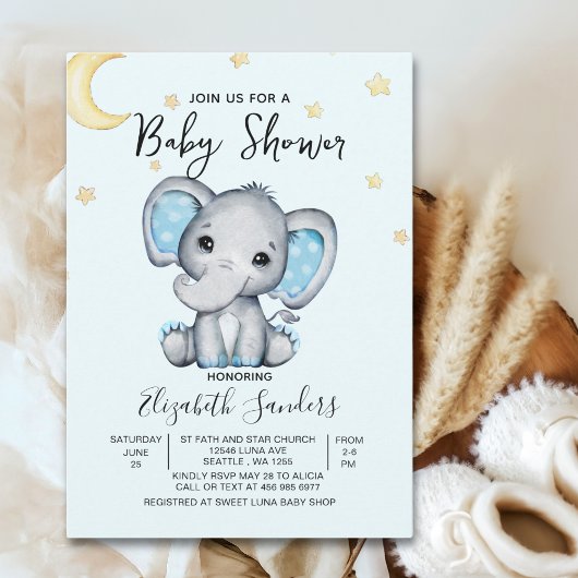 Watercolor Elephant Baby Shower Boy, Blue and Gray Kaart