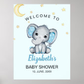 Watercolor Elephant Baby Shower Boy, Blue and Gray Poster (Voorkant)