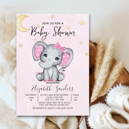 Watercolor Elephant Baby Shower Girl Pink Kaart