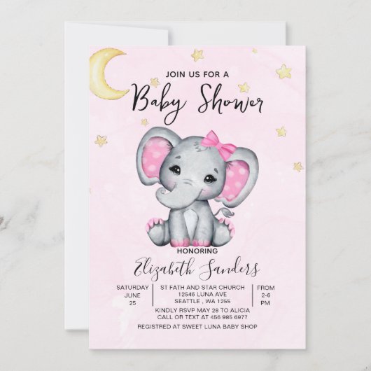 Watercolor Elephant Baby Shower Girl Pink Kaart (Voorkant)