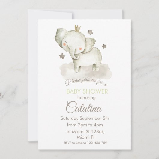 Watercolor Elephant Baby Shower Invitation Kaart (Voorkant)