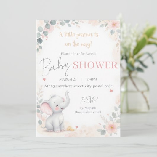 Watercolor Elephant Baby Shower Invitation Kaart (Staand voorkant)