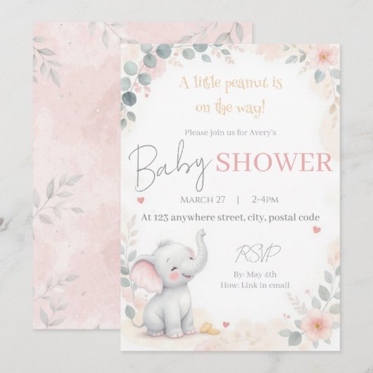 Watercolor Elephant Baby Shower Invitation Kaart (Voorkant / Achterkant)