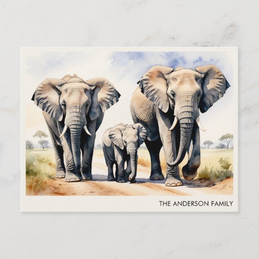 Watercolor Elephant Family Personalized Name Briefkaart (Voorkant)