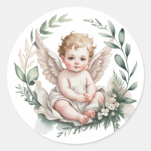 Watercolor engelenvleugels doopfeest ronde sticker (Voorkant)