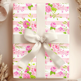 Watercolor Engelse Rozen Roze Witte Strepen Cadeaupapier