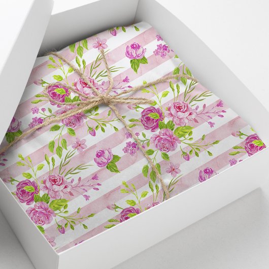 Watercolor Engelse Rozen Roze Witte Strepen Tissuepapier