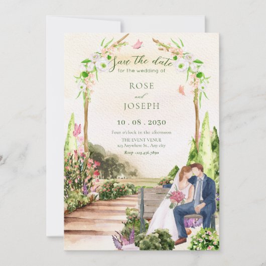 Watercolor esthetische tuin koppel bruiloft save the date (Voorkant)