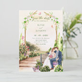 Watercolor esthetische tuin koppel bruiloft save the date (Staand voorkant)