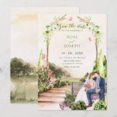 Watercolor esthetische tuin koppel bruiloft save the date (Voorkant / Achterkant)