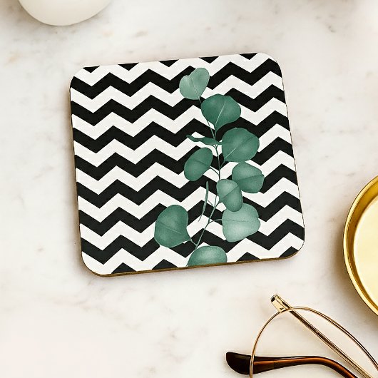Watercolor Eucalyptus Black White Chevron Bier Onderzetter