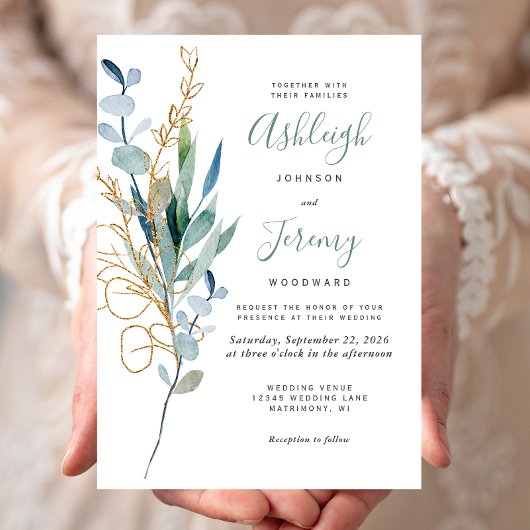 Watercolor Eucalyptus Green Gold Wedding Kaart
