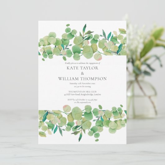 Watercolor Eucalyptus Greenery Engagement Party Kaart (Staand voorkant)