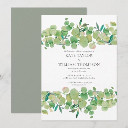 Watercolor Eucalyptus Greenery Engagement Party Kaart (Voorkant / Achterkant)