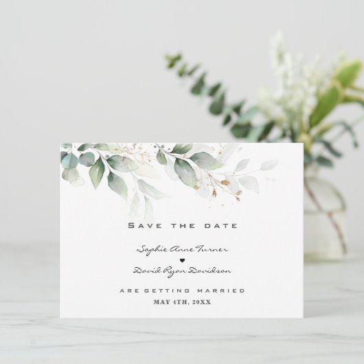 Watercolor Eucalyptus Greenery Gold Wedding  Save The Date (Staand voorkant)