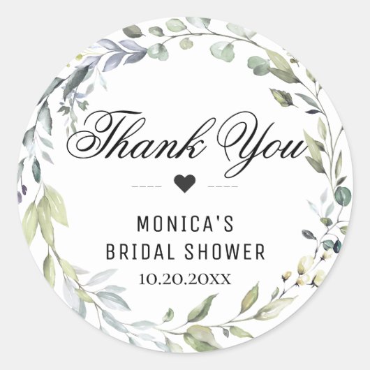 Watercolor Eucalyptus Groen Bruiloftsfeest Ronde Sticker (Voorkant)