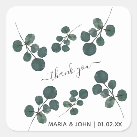 Watercolor Eucalyptus Groen Dank Je Vierkante Sticker (Voorkant)