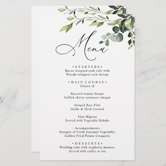 Watercolor Eucalyptus Groene Huwelijksdiner Menu (Voorkant / Achterkant)