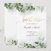 Watercolor Eucalyptus Groenelementen Bewaar de Dat Save The Date (Voorkant / Achterkant)