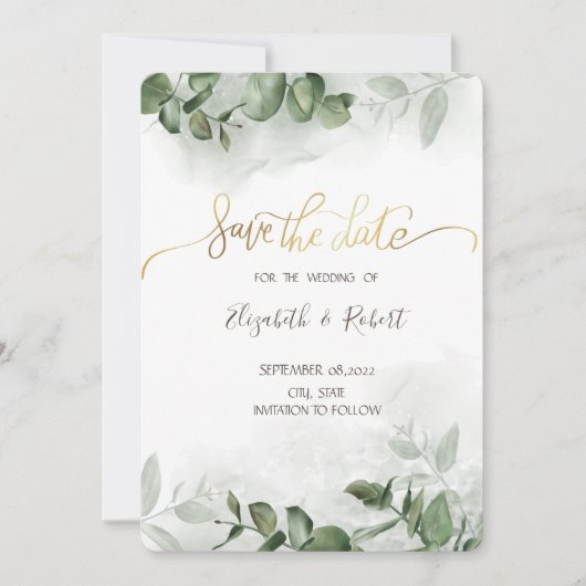 Watercolor Eucalyptus Groenelementen Bewaar de Dat Save The Date (Voorkant)