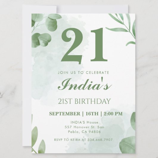 Watercolor Eucalyptus Leaf 21st Birthday Party Kaart (Voorkant)